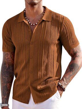 Men's Light Brown Knit Short Sleeve Button Down Polo Casual Summer Beach Shirt